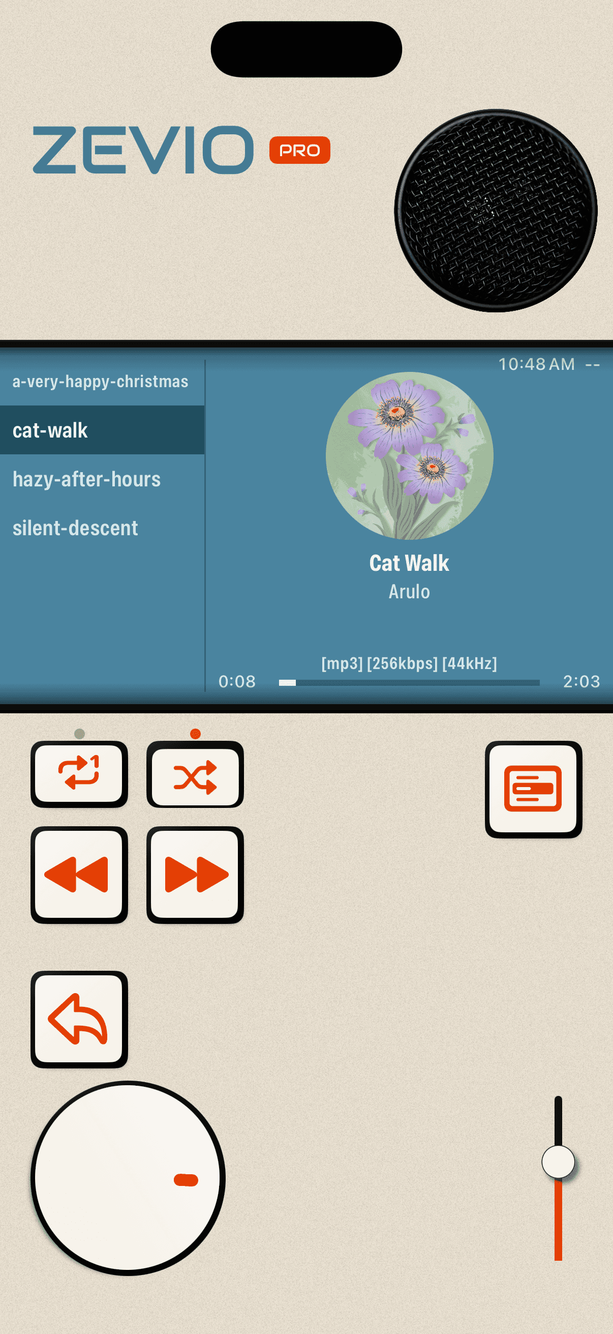 Zevio player: library on the left, display in the centre, jog wheel and volume slider below.