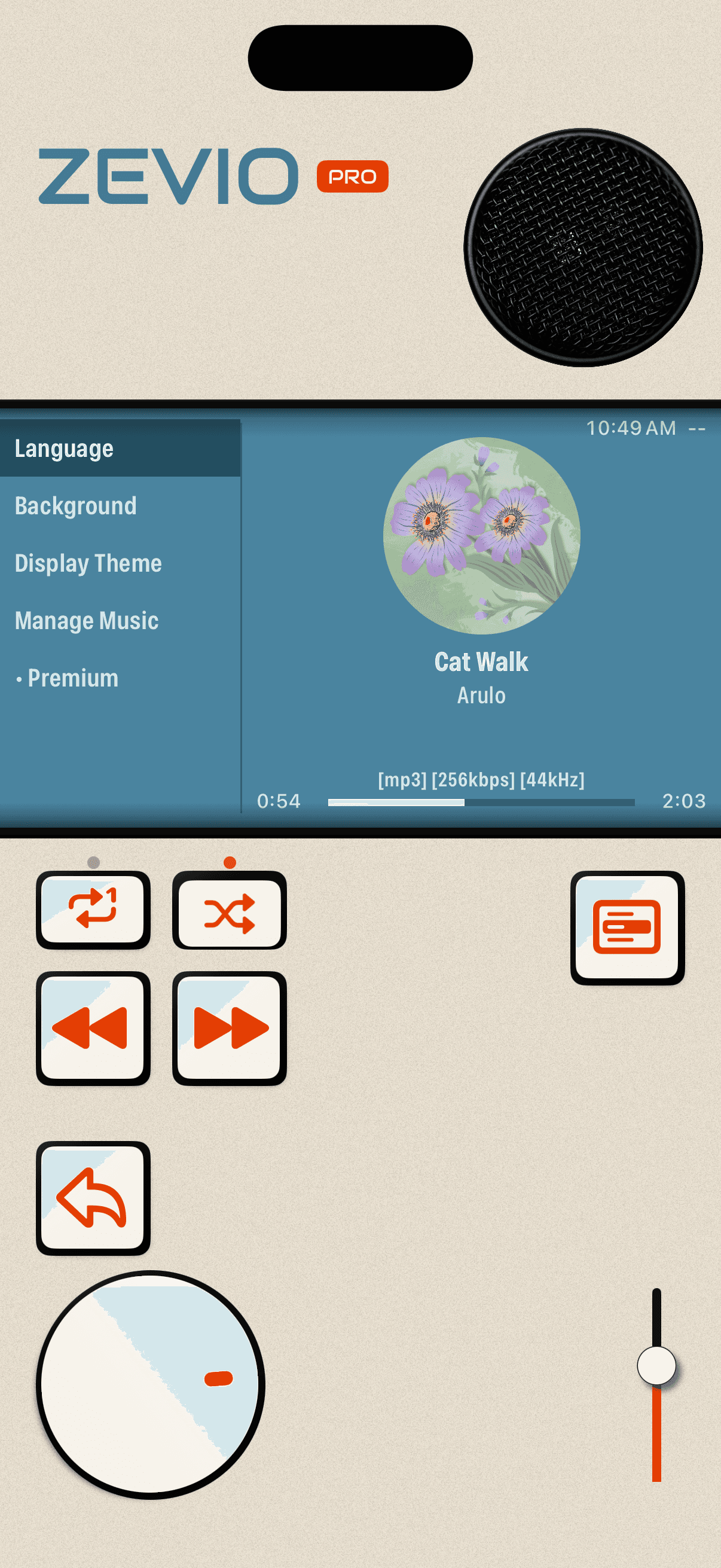 Zevio settings: Language, Background, Display Theme, Manage Music, and Premium.